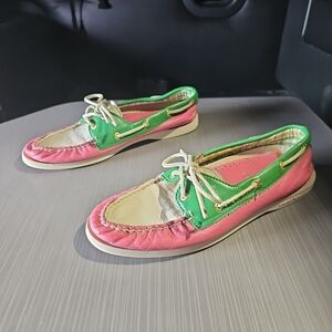 Sperry Top-Sider Womens 9M Two Eye Leather Boat Shoe - Green/Pink/White PreOwned